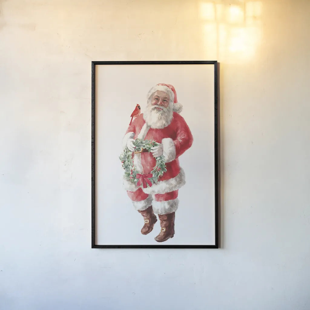 Jolly Santa with Wreath by Danhui Nai. shown as a paper print in a black flame. Available as a archival giclee rolled canvas, fine art paper, or poster print. SKU 85897h.