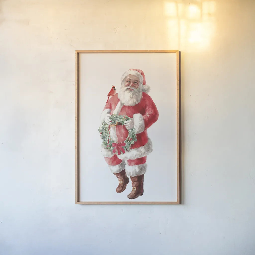 Jolly Santa with Wreath by Danhui Nai. shown as a paper print in a natural frame. Available as a archival giclee rolled canvas, fine art paper, or poster print. SKU 85897h.