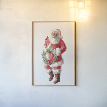 Jolly Santa with Wreath by Danhui Nai. shown as a paper print in a natural frame. Available as a archival giclee rolled canvas, fine art paper, or poster print. SKU 85897h.
