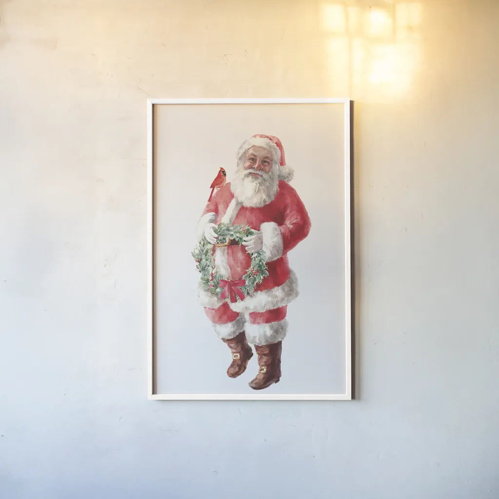 Jolly Santa with Wreath by Danhui Nai. shown as a paper print in a white frame. Available as a archival giclee rolled canvas, fine art paper, or poster print. SKU 85897h.