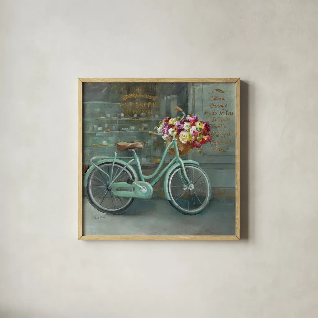 Joy of Paris I by Danhui Nai. Shown in a natural wood glass frame for a timeless modern aesthetic. Available as an archival giclee rolled canvas, fine art paper, or poster print. SKU 18238a.