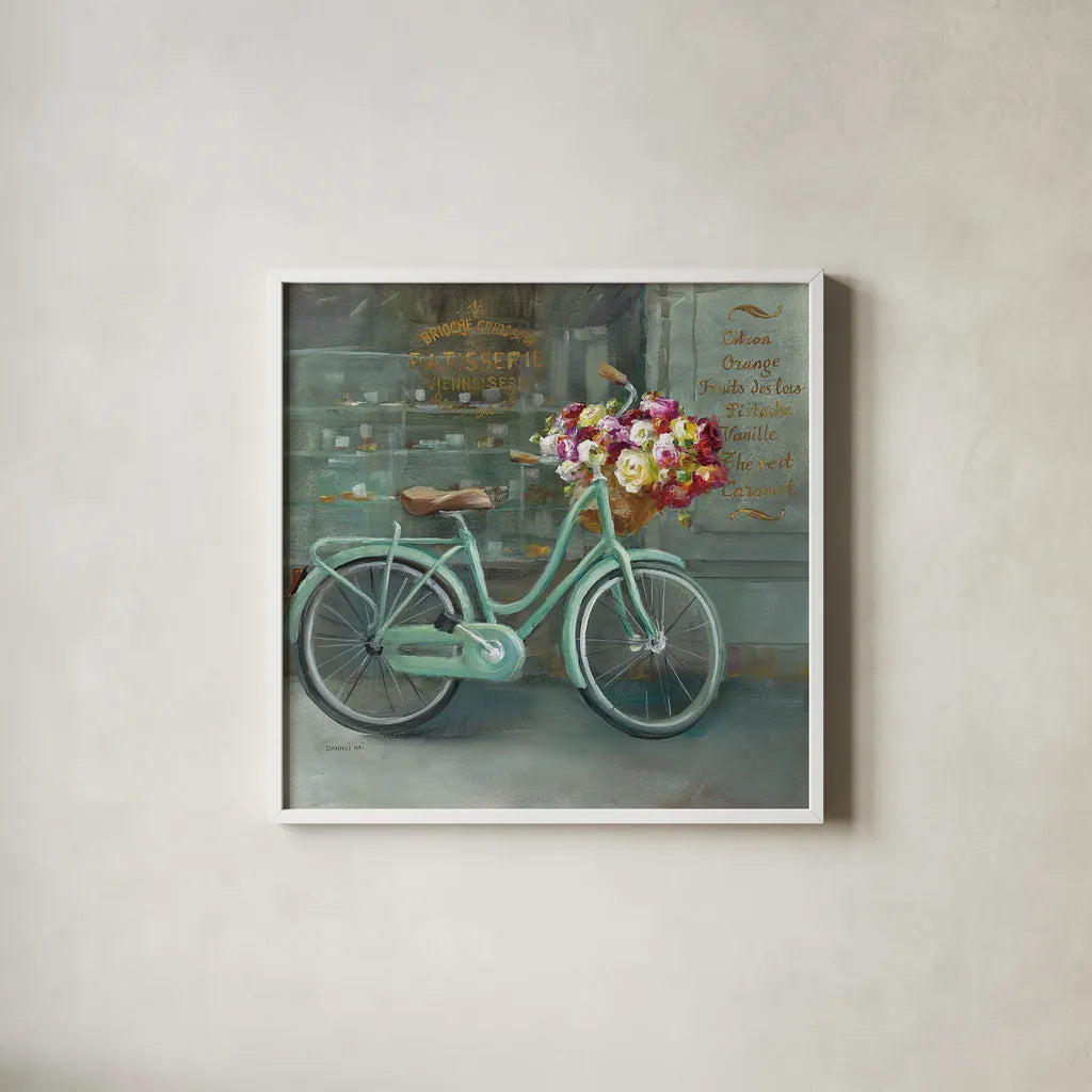 Joy of Paris I by Danhui Nai. Shown in a crisp white glass frame for a clean and minimalist style. Available as an archival giclee rolled canvas, fine art paper, or poster print. SKU 18238a.