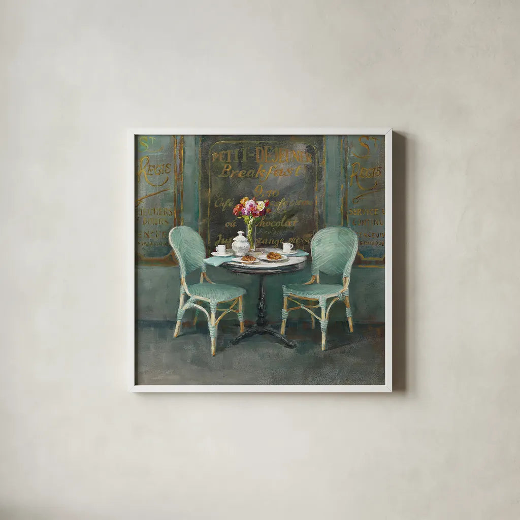 Joy of Paris II by Danhui Nai. Shown in a crisp white glass frame for a clean and minimalist style. Available as an archival giclee rolled canvas, fine art paper, or poster print. SKU 18239a.