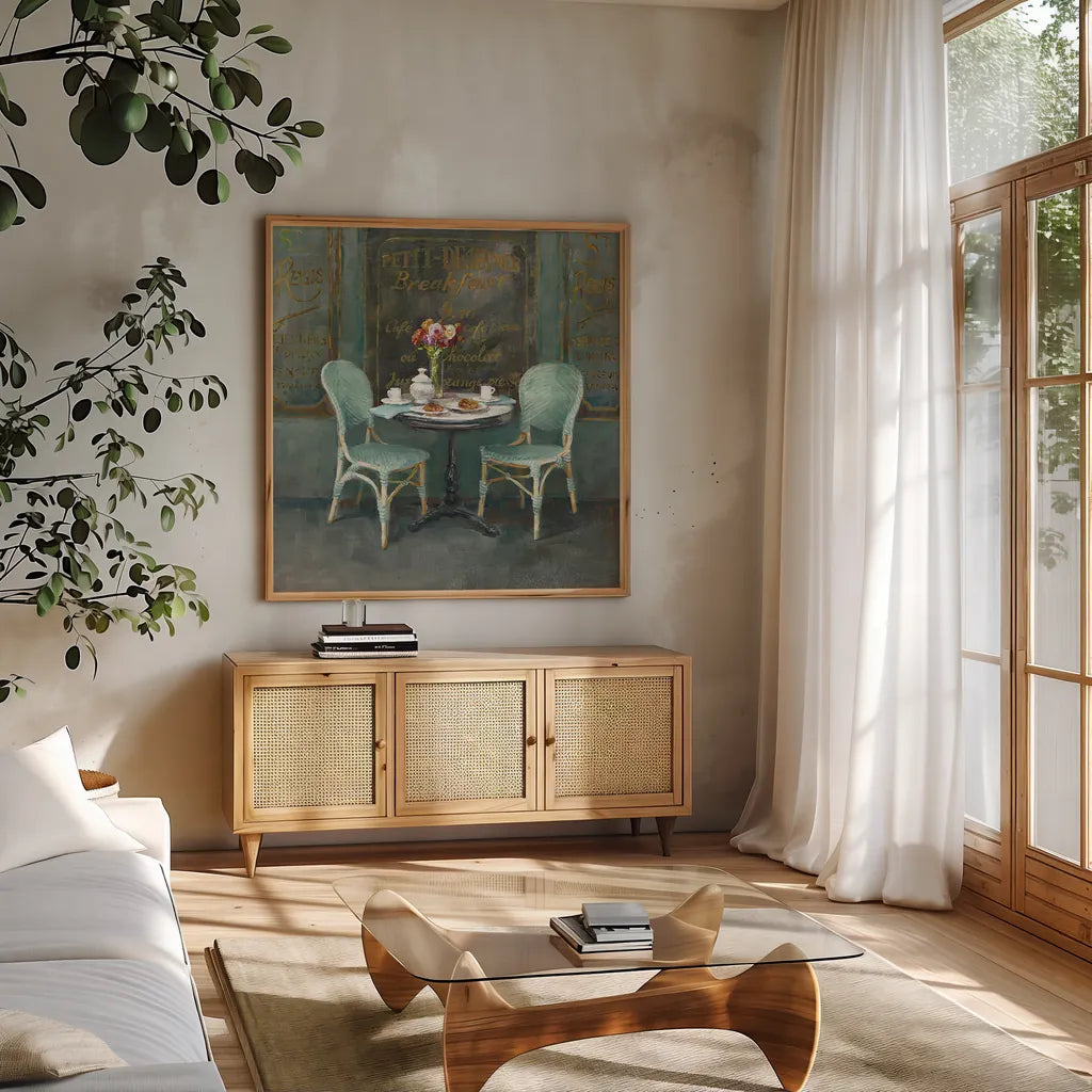 Joy of Paris II by Danhui Nai. Shown in a natural wood frame in a cozy modern living room. Available as an archival giclee rolled canvas, fine art paper, or poster print. SKU 18239a.