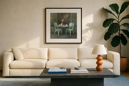Joy of Paris II by Danhui Nai. Displayed in a glass frame with matte in a clean modern living room. Available as an archival giclee rolled canvas, fine art paper, or poster print. SKU 18239a.