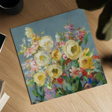 Joy of the Garden Sq I Yellow by Danhui Nai. Shown as a detailed flat fine art print, highlighting archival giclee quality. Available as an archival giclee rolled canvas, fine art paper, or poster print. SKU 53134a.