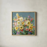 Joy of the Garden Sq I Yellow by Danhui Nai. Shown in a natural wood glass frame for a timeless modern aesthetic. Available as an archival giclee rolled canvas, fine art paper, or poster print. SKU 53134a.