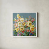 Joy of the Garden Sq I Yellow by Danhui Nai. Shown in a crisp white glass frame for a clean and minimalist style. Available as an archival giclee rolled canvas, fine art paper, or poster print. SKU 53134a.