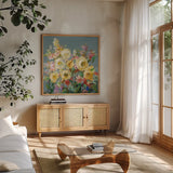Joy of the Garden Sq I Yellow by Danhui Nai. Shown in a natural wood frame in a cozy modern living room. Available as an archival giclee rolled canvas, fine art paper, or poster print. SKU 53134a.