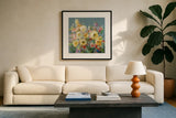 Joy of the Garden Sq I Yellow by Danhui Nai. Displayed in a glass frame with matte in a clean modern living room. Available as an archival giclee rolled canvas, fine art paper, or poster print. SKU 53134a.