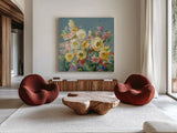 Joy of the Garden Sq I Yellow by Danhui Nai. Shown as extra-large giant wall art in a modern living room. Available as an archival giclee rolled canvas, fine art paper, or poster print. SKU 53134a.