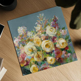 Joy of the Garden Sq II Yellow by Danhui Nai. Shown as a detailed flat fine art print, highlighting archival giclee quality. Available as an archival giclee rolled canvas, fine art paper, or poster print. SKU 53135a.