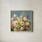 Joy of the Garden Sq II Yellow by Danhui Nai. Shown in a natural wood glass frame for a timeless modern aesthetic. Available as an archival giclee rolled canvas, fine art paper, or poster print. SKU 53135a.
