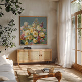 Joy of the Garden Sq II Yellow by Danhui Nai. Shown in a natural wood frame in a cozy modern living room. Available as an archival giclee rolled canvas, fine art paper, or poster print. SKU 53135a.
