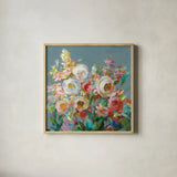 Joy of the Garden Square I by Danhui Nai. Shown in a natural wood glass frame for a timeless modern aesthetic. Available as an archival giclee rolled canvas, fine art paper, or poster print. SKU 53136a.