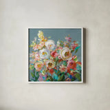 Joy of the Garden Square I by Danhui Nai. Shown in a crisp white glass frame for a clean and minimalist style. Available as an archival giclee rolled canvas, fine art paper, or poster print. SKU 53136a.
