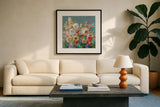 Joy of the Garden Square I by Danhui Nai. Displayed in a glass frame with matte in a clean modern living room. Available as an archival giclee rolled canvas, fine art paper, or poster print. SKU 53136a.
