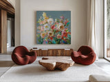 Joy of the Garden Square I by Danhui Nai. Shown as extra-large giant wall art in a modern living room. Available as an archival giclee rolled canvas, fine art paper, or poster print. SKU 53136a.