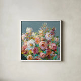 Joy of the Garden Square II by Danhui Nai. Shown in a crisp white glass frame for a clean and minimalist style. Available as an archival giclee rolled canvas, fine art paper, or poster print. SKU 53137a.