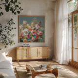 Joy of the Garden Square II by Danhui Nai. Shown in a natural wood frame in a cozy modern living room. Available as an archival giclee rolled canvas, fine art paper, or poster print. SKU 53137a.