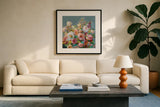 Joy of the Garden Square II by Danhui Nai. Displayed in a glass frame with matte in a clean modern living room. Available as an archival giclee rolled canvas, fine art paper, or poster print. SKU 53137a.