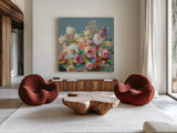 Joy of the Garden Square II by Danhui Nai. Shown as extra-large giant wall art in a modern living room. Available as an archival giclee rolled canvas, fine art paper, or poster print. SKU 53137a.