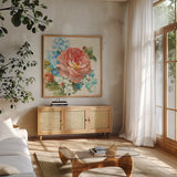 June Abundance I by Danhui Nai. Shown in a natural wood frame in a cozy modern living room. Available as an archival giclee rolled canvas, fine art paper, or poster print. SKU 91467a.