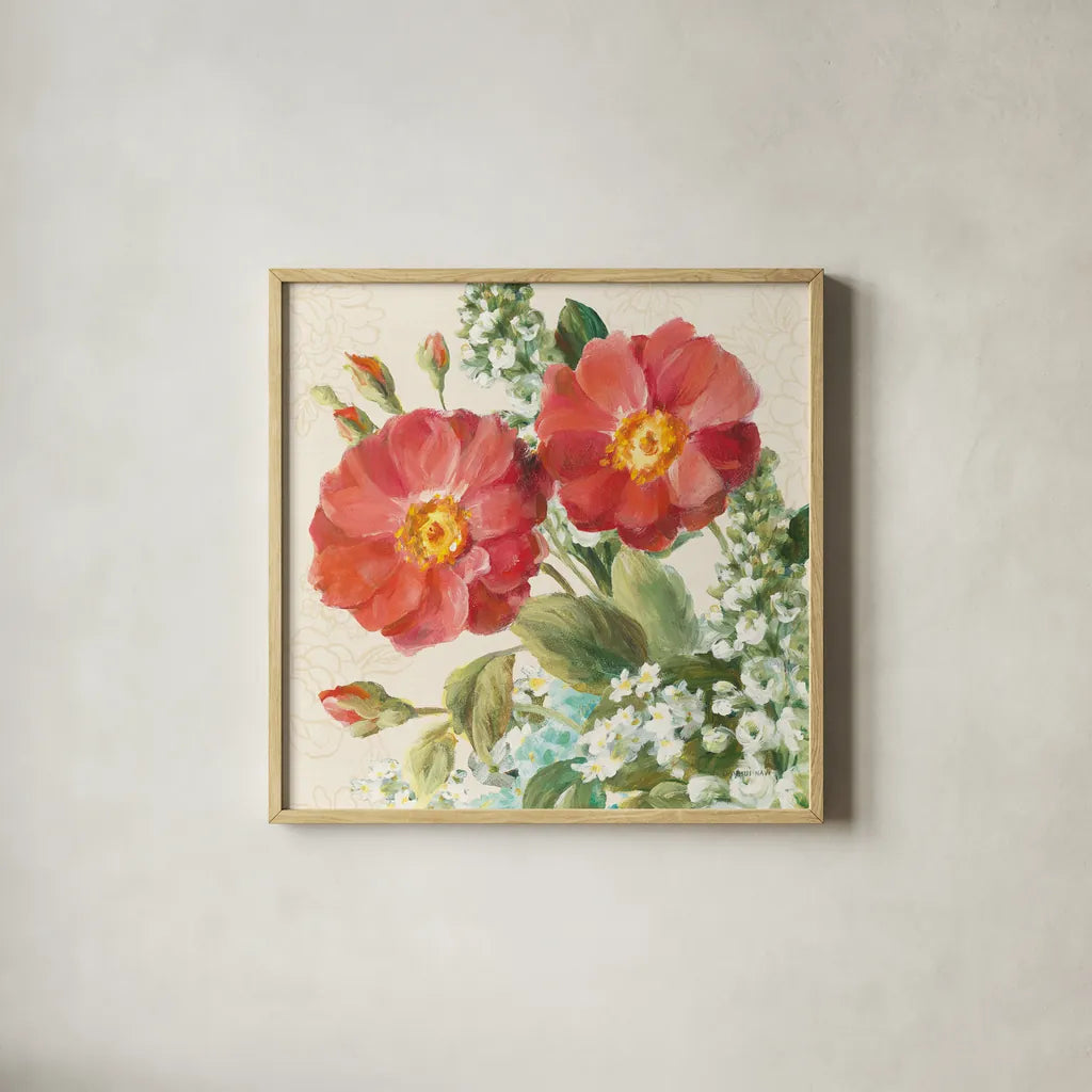 June Abundance II by Danhui Nai. Shown in a natural wood glass frame for a timeless modern aesthetic. Available as an archival giclee rolled canvas, fine art paper, or poster print. SKU 91468a.