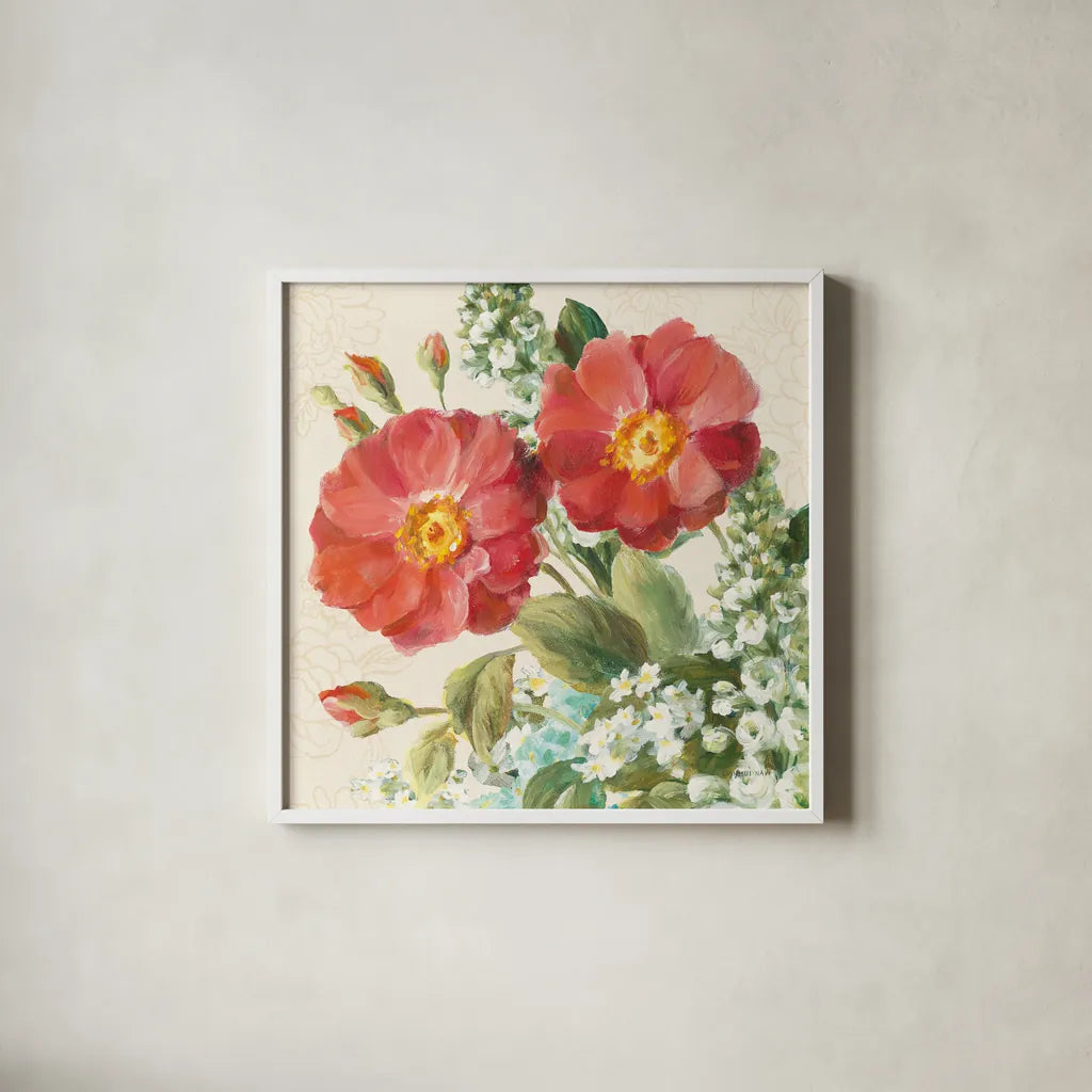 June Abundance II by Danhui Nai. Shown in a crisp white glass frame for a clean and minimalist style. Available as an archival giclee rolled canvas, fine art paper, or poster print. SKU 91468a.
