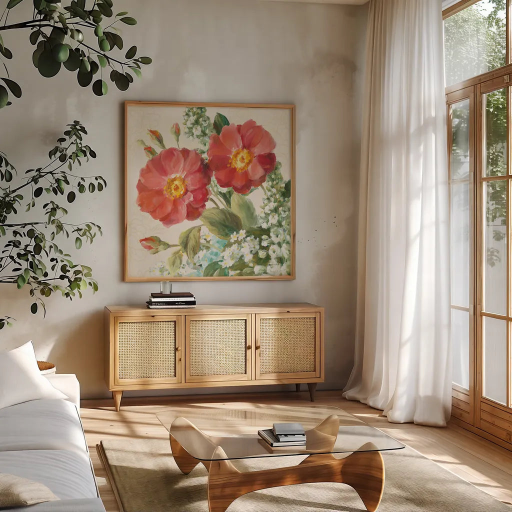 June Abundance II by Danhui Nai. Shown in a natural wood frame in a cozy modern living room. Available as an archival giclee rolled canvas, fine art paper, or poster print. SKU 91468a.