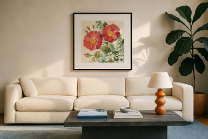June Abundance II by Danhui Nai. Displayed in a glass frame with matte in a clean modern living room. Available as an archival giclee rolled canvas, fine art paper, or poster print. SKU 91468a.