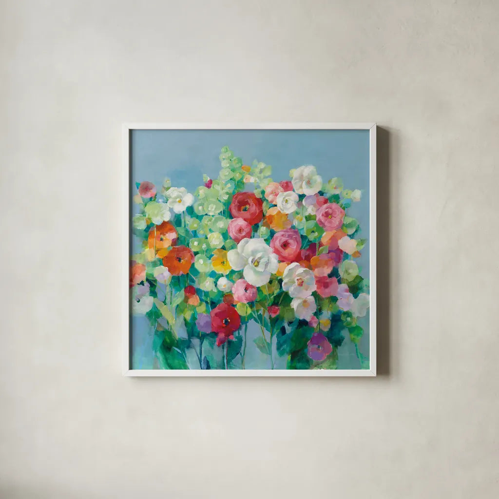 June Beauties by Danhui Nai. Shown in a crisp white glass frame for a clean and minimalist style. Available as an archival giclee rolled canvas, fine art paper, or poster print. SKU 54074a.