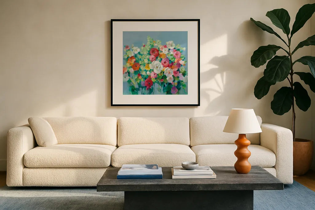 June Beauties by Danhui Nai. Displayed in a glass frame with matte in a clean modern living room. Available as an archival giclee rolled canvas, fine art paper, or poster print. SKU 54074a.