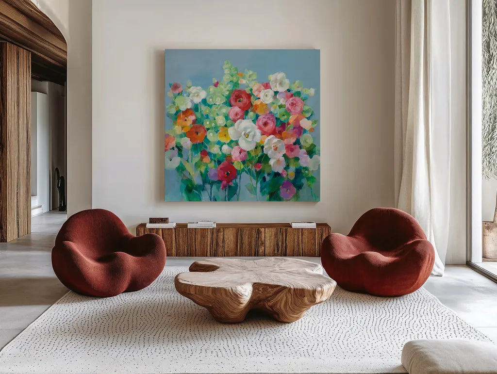 June Beauties by Danhui Nai. Shown as extra-large giant wall art in a modern living room. Available as an archival giclee rolled canvas, fine art paper, or poster print. SKU 54074a.