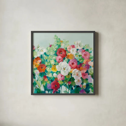 June Beauties Pale Blue by Danhui Nai. Shown in a sleek black glass frame for a contemporary gallery look. Available as an archival giclee rolled canvas, fine art paper, or poster print. SKU 56529a.