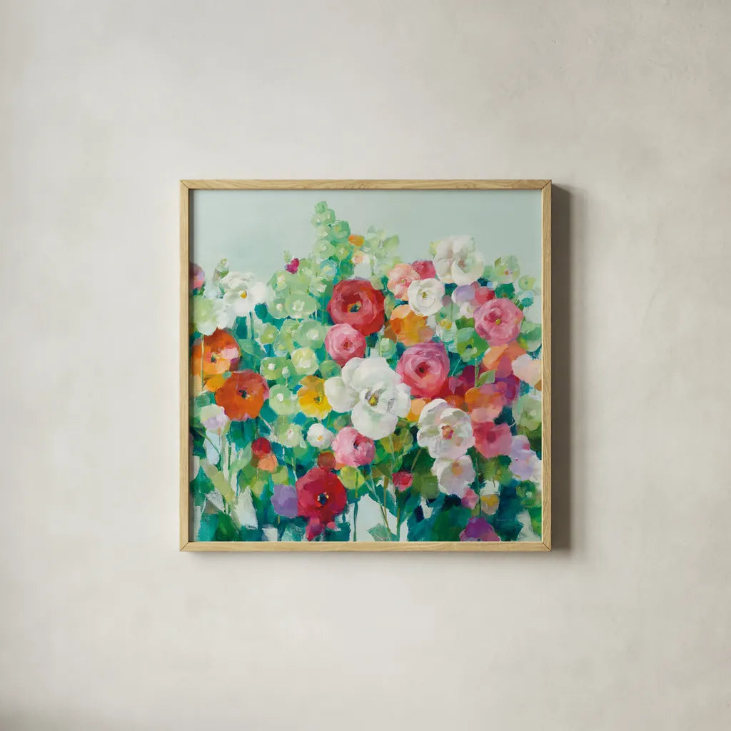 June Beauties Pale Blue by Danhui Nai. Shown in a natural wood glass frame for a timeless modern aesthetic. Available as an archival giclee rolled canvas, fine art paper, or poster print. SKU 56529a.