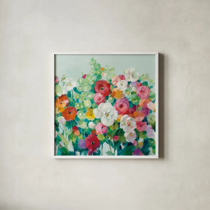 June Beauties Pale Blue by Danhui Nai. Shown in a crisp white glass frame for a clean and minimalist style. Available as an archival giclee rolled canvas, fine art paper, or poster print. SKU 56529a.