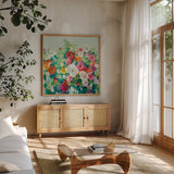 June Beauties Pale Blue by Danhui Nai. Shown in a natural wood frame in a cozy modern living room. Available as an archival giclee rolled canvas, fine art paper, or poster print. SKU 56529a.