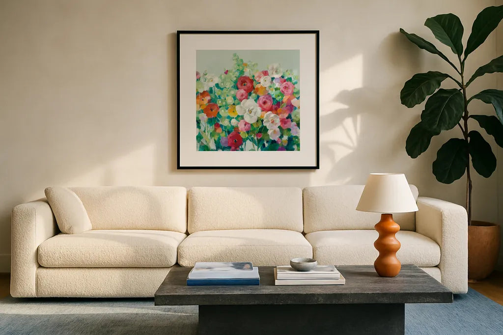 June Beauties Pale Blue by Danhui Nai. Displayed in a glass frame with matte in a clean modern living room. Available as an archival giclee rolled canvas, fine art paper, or poster print. SKU 56529a.