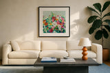 June Beauties Pale Blue by Danhui Nai. Displayed in a glass frame with matte in a clean modern living room. Available as an archival giclee rolled canvas, fine art paper, or poster print. SKU 56529a.