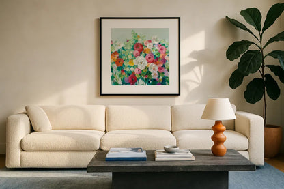 June Beauties Pale Blue by Danhui Nai. Displayed in a glass frame with matte in a clean modern living room. Available as an archival giclee rolled canvas, fine art paper, or poster print. SKU 56529a.