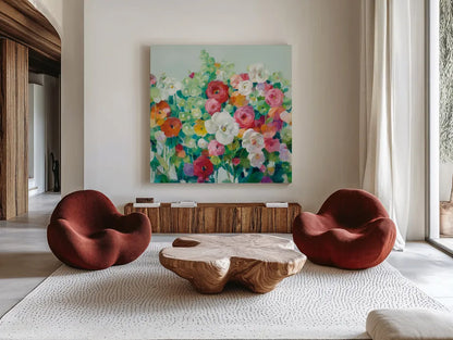 June Beauties Pale Blue by Danhui Nai. Shown as extra-large giant wall art in a modern living room. Available as an archival giclee rolled canvas, fine art paper, or poster print. SKU 56529a.