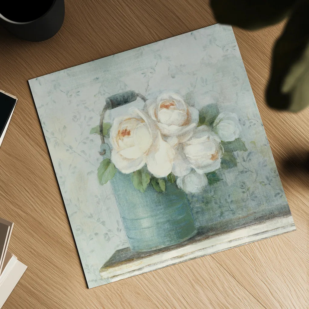 June Roses I White Blue Crop by Danhui Nai. Shown as a detailed flat fine art print, highlighting archival giclee quality. Available as an archival giclee rolled canvas, fine art paper, or poster print. SKU 44777a.