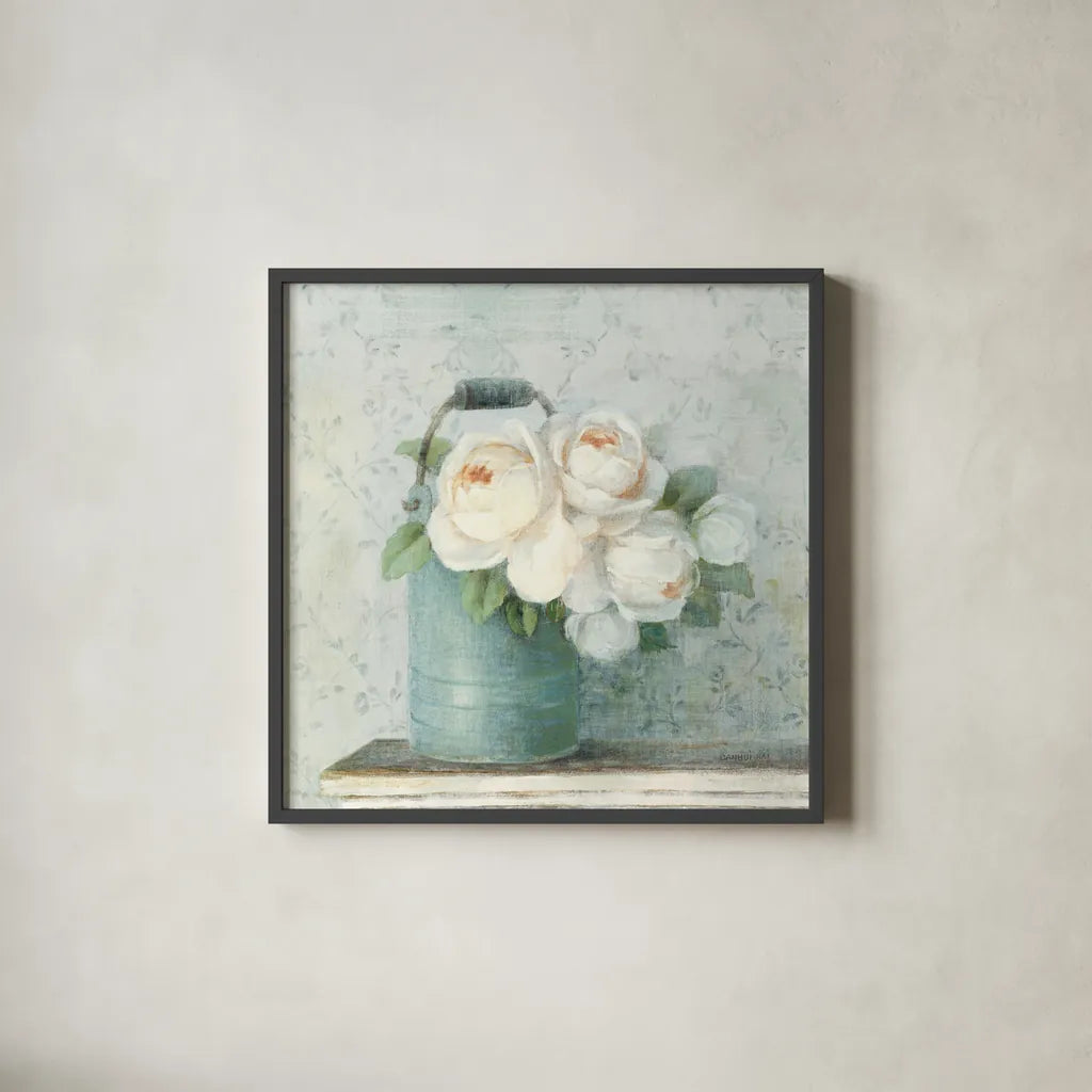 June Roses I White Blue Crop by Danhui Nai. Shown in a sleek black glass frame for a contemporary gallery look. Available as an archival giclee rolled canvas, fine art paper, or poster print. SKU 44777a.