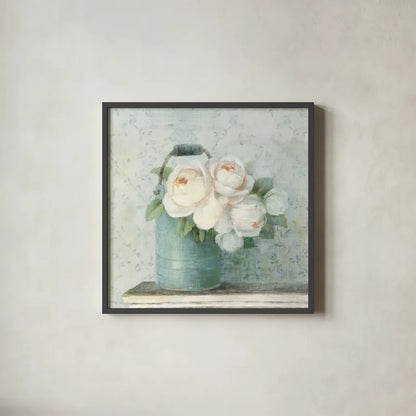 June Roses I White Blue Crop by Danhui Nai. Shown in a sleek black glass frame for a contemporary gallery look. Available as an archival giclee rolled canvas, fine art paper, or poster print. SKU 44777a.
