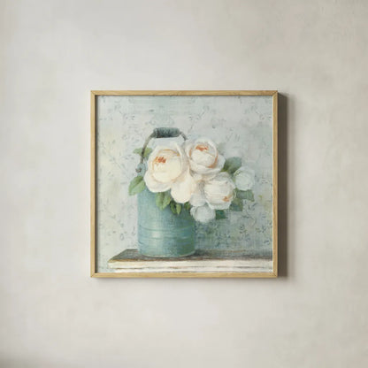 June Roses I White Blue Crop by Danhui Nai. Shown in a natural wood glass frame for a timeless modern aesthetic. Available as an archival giclee rolled canvas, fine art paper, or poster print. SKU 44777a.