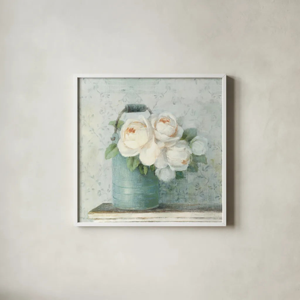 June Roses I White Blue Crop by Danhui Nai. Shown in a crisp white glass frame for a clean and minimalist style. Available as an archival giclee rolled canvas, fine art paper, or poster print. SKU 44777a.