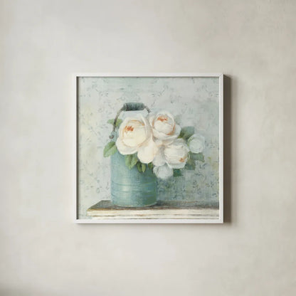 June Roses I White Blue Crop by Danhui Nai. Shown in a crisp white glass frame for a clean and minimalist style. Available as an archival giclee rolled canvas, fine art paper, or poster print. SKU 44777a.