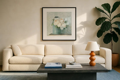 June Roses I White Blue Crop by Danhui Nai. Displayed in a glass frame with matte in a clean modern living room. Available as an archival giclee rolled canvas, fine art paper, or poster print. SKU 44777a.