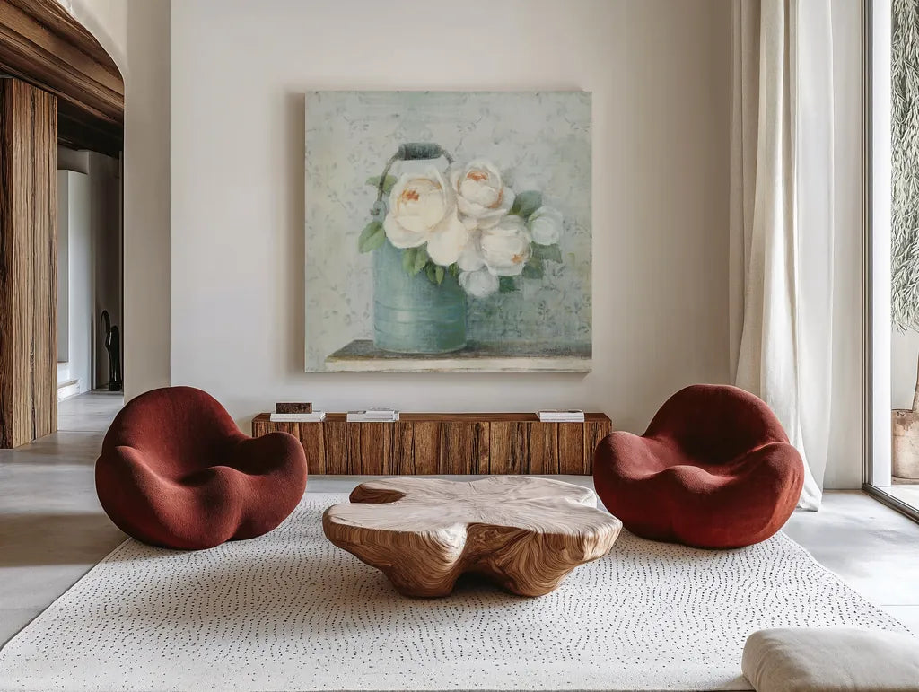 June Roses I White Blue Crop by Danhui Nai. Shown as extra-large giant wall art in a modern living room. Available as an archival giclee rolled canvas, fine art paper, or poster print. SKU 44777a.